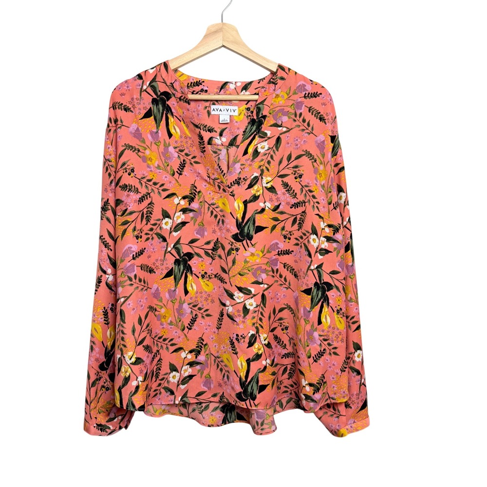 Ava & Viv Womens Coral Pink Floral Split‎ V-Neck Long Sleeve Blouse Size X/14W